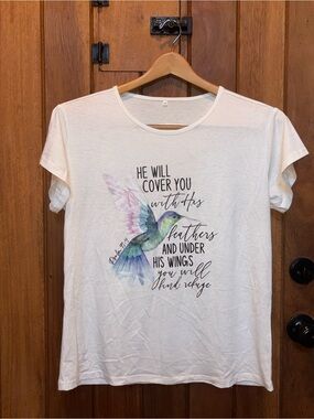 White Graphic Christian T-Shirt with Hummingbird and Scripture